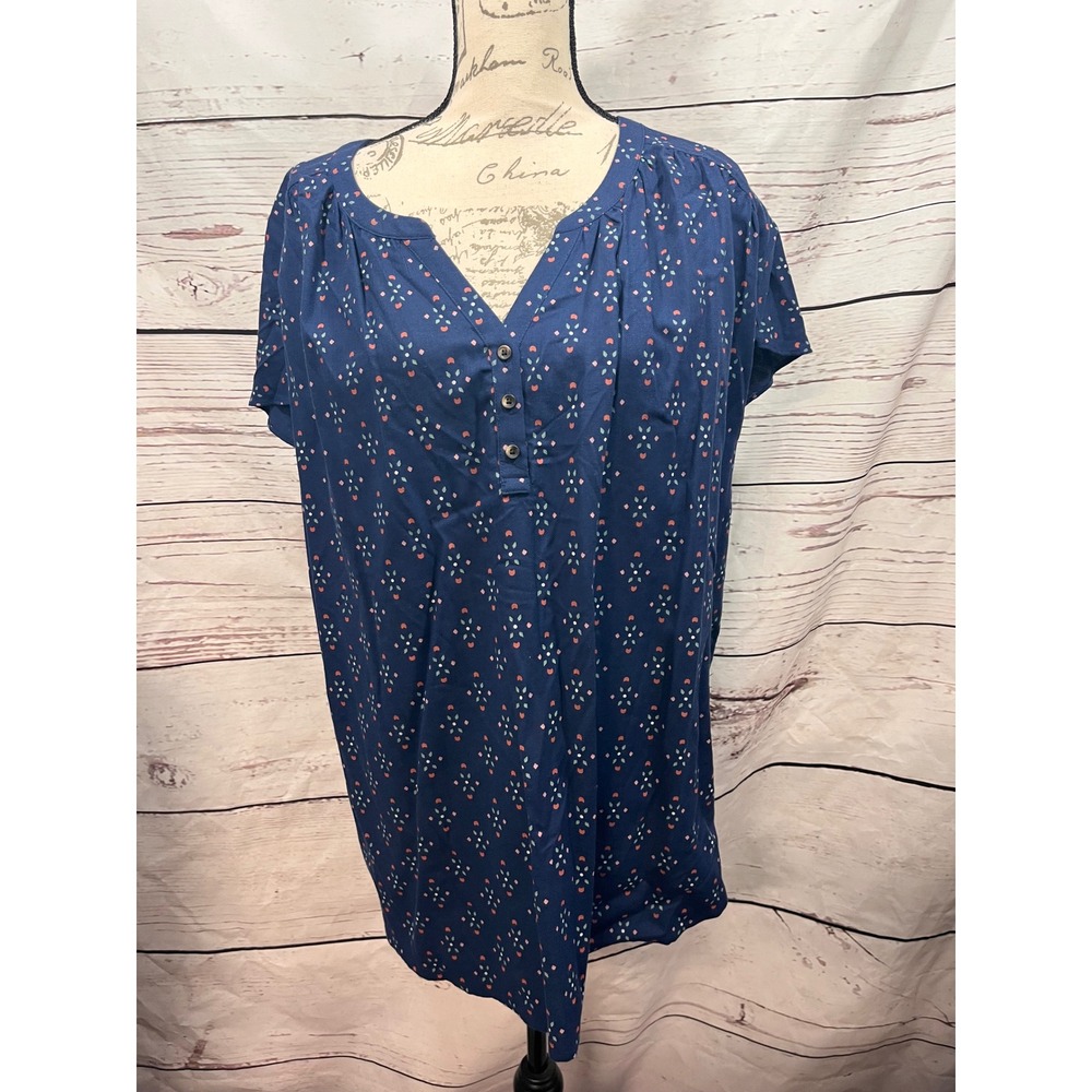 Croft‎ & Barrow Womens 2X Navy Blue Geometric Henley Short Sleeve Blouse NWT